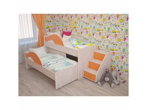 Кровать 2-х ярусная выкатная с ящиком и лестницей Радуга оранж