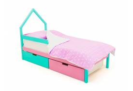 Кровать-домик мини Svogen с ящиками и бортиком мятный-лаванда