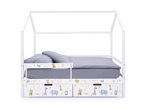Кровать-домик Svogen с фото с ящиками и бортиком белый/зверята