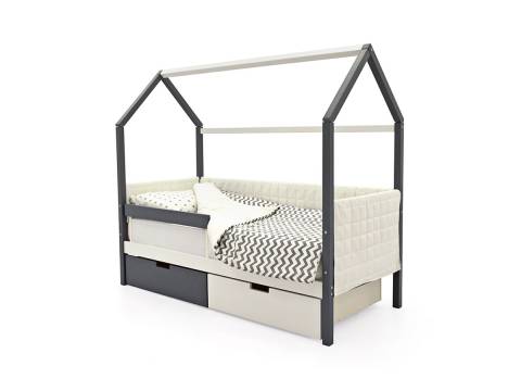 Кровать-домик мягкий Svogen с ящиками и бортиком графит-белый