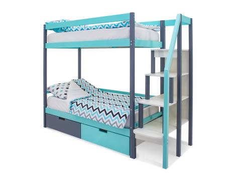 Двухъярусная кровать Svogen с ящиками графит-мятный
