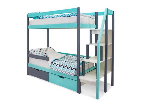 Двухъярусная кровать Svogen с ящиками и бортиком графит-мятный