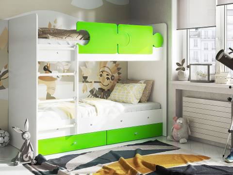 Кровать двухъярусная Тетрис латы с бортиками белый-лайм