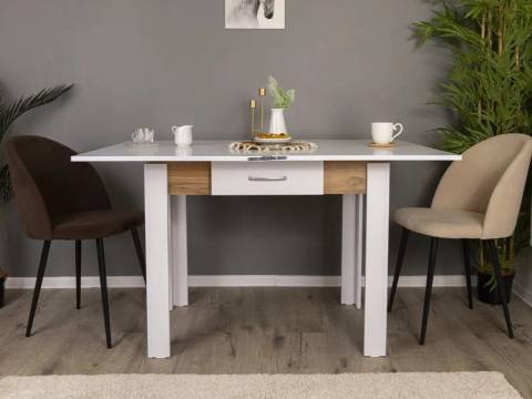 Стол обеденный Doma раскладной с ящиком Белый бриллиант/Дуб вотан